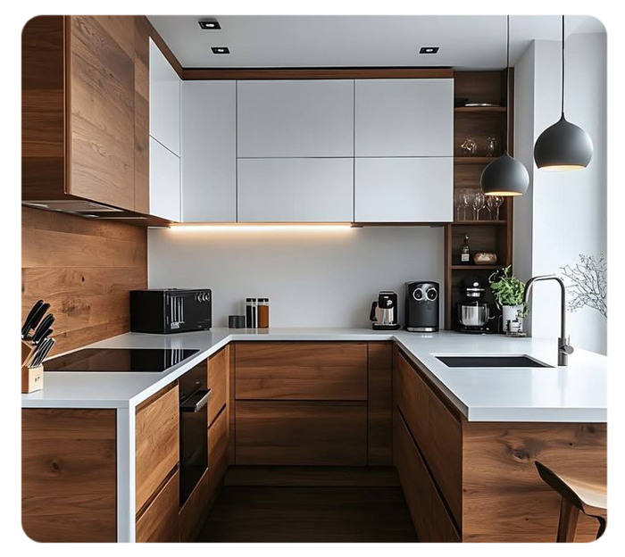 Modern modular kitchen in Lucknow featuring sleek cabinets, efficient storage, and stylish countertops by ModulaSpace.